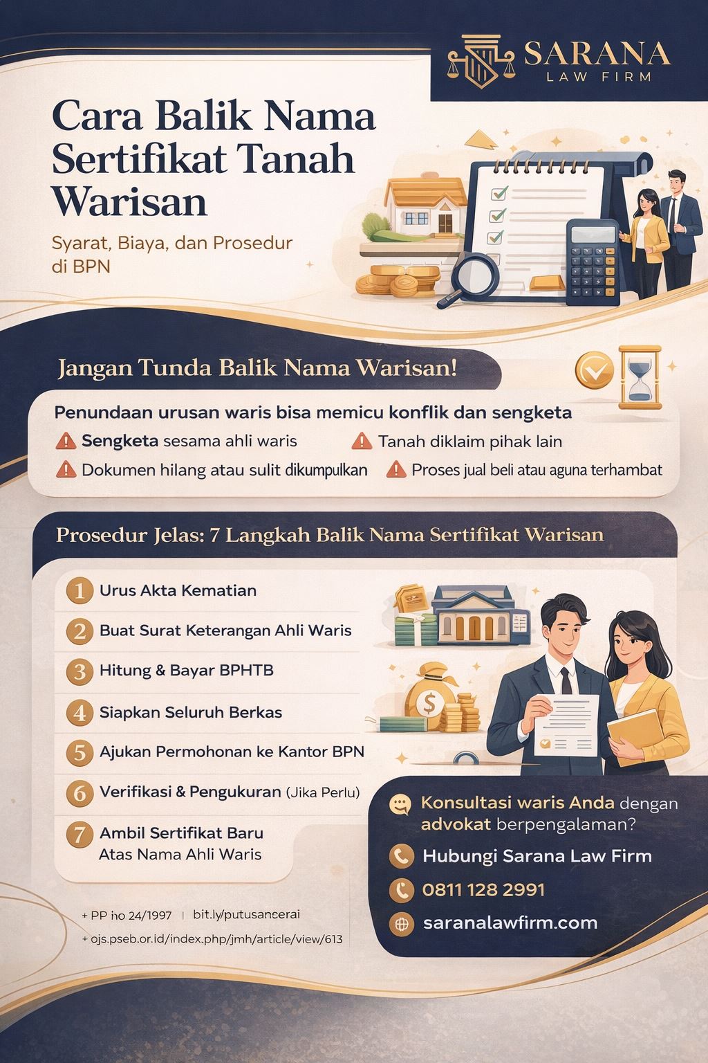 Infografis cara balik nama sertifikat warisan di BPN lengkap dengan syarat, biaya, dan prosedur 7 langkah praktis untuk ahli waris di Indonesia