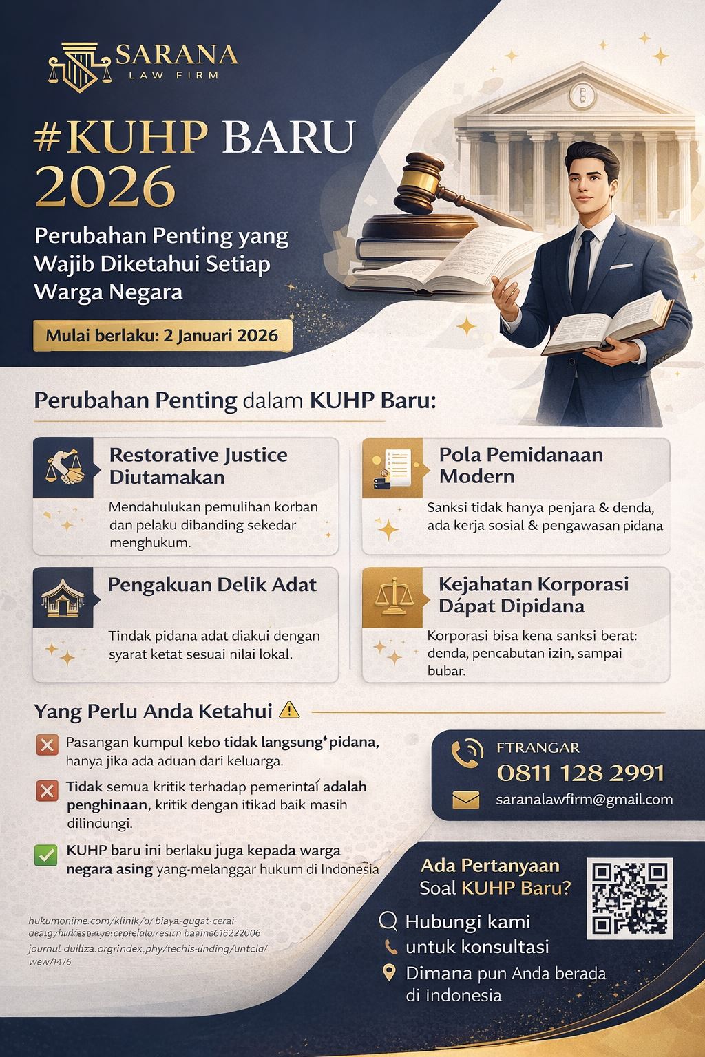 Infografis KUHP Baru 2026 tentang perubahan hukum pidana Indonesia, meliputi restorative justice, delik aduan, dan sanksi modern bagi masyarakat dan korporasi.