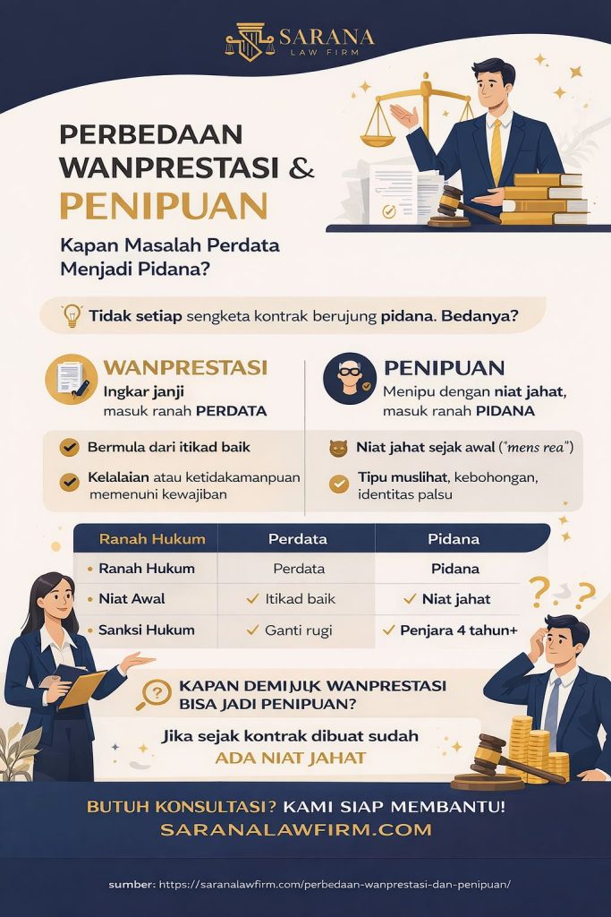 Infografis perbedaan wanprestasi dan penipuan dalam hukum Indonesia, menjelaskan batas antara sengketa perdata dan pidana secara visual, modern, dan mudah dipahami.