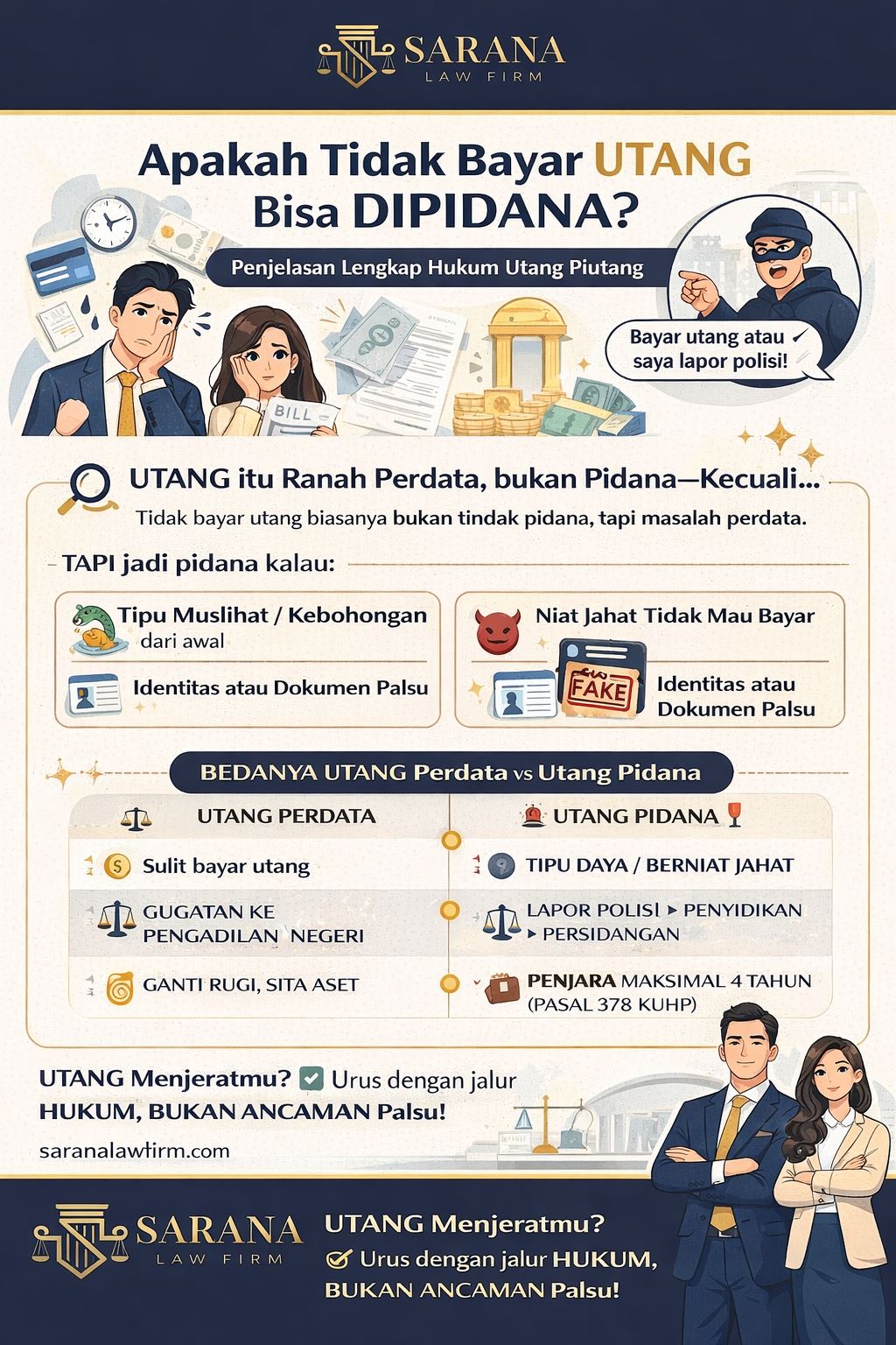 Infografis hukum utang piutang: apakah tidak bayar utang bisa dipidana, penjelasan perbedaan perdata dan pidana secara jelas dan edukatif