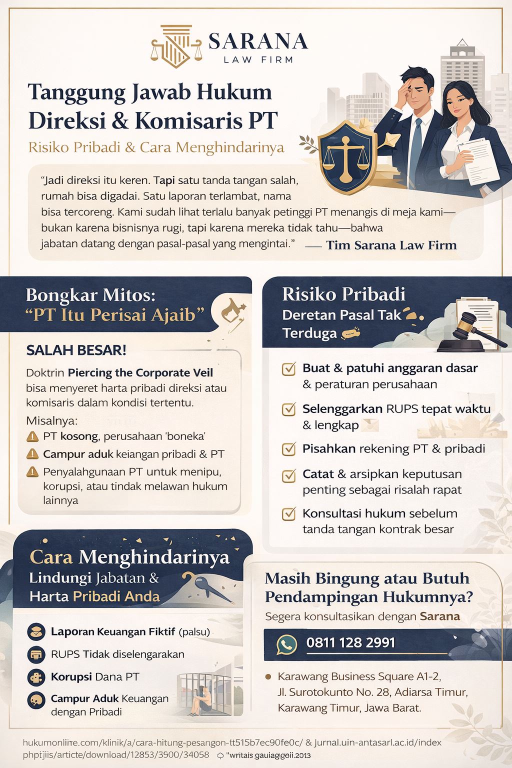 Infografis tanggung jawab direksi dan komisaris PT, risiko hukum pribadi, serta cara menghindari piercing the corporate veil dalam perusahaan
