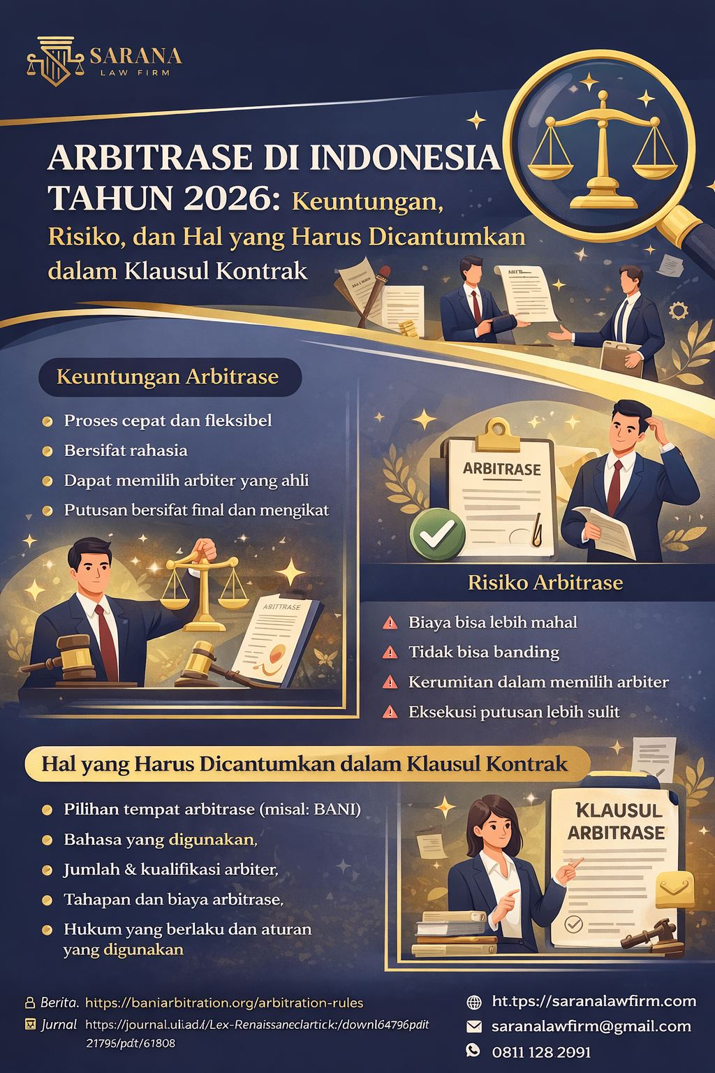 Infografis arbitrase bisnis Indonesia 2026 dari Sarana Law Firm yang membahas keuntungan arbitrase, risiko penyelesaian sengketa, serta unsur penting dalam klausul kontrak bisnis dengan desain elegan warna navy dan emas.