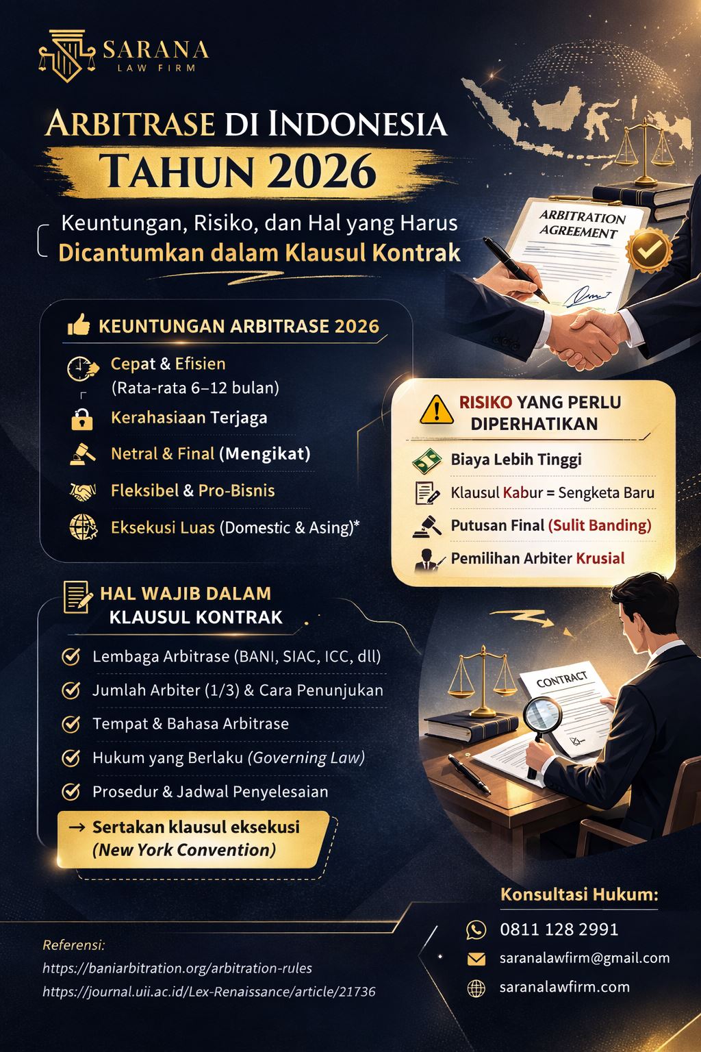 Infografis arbitrase bisnis Indonesia 2026 dari Sarana Law Firm yang menjelaskan keuntungan arbitrase, risiko penyelesaian sengketa, serta unsur penting klausul kontrak arbitrase untuk bisnis di Indonesia.